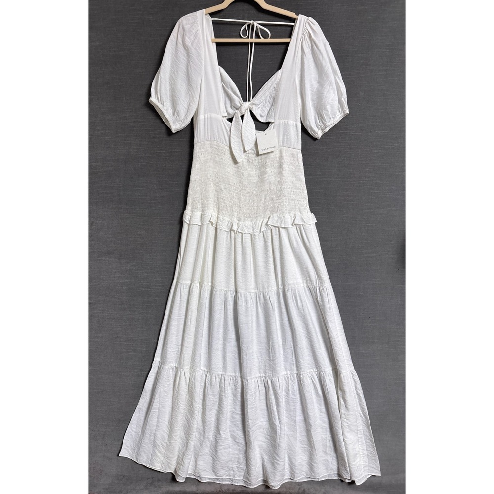 NEW Skylar Rose Dress L White Smocked Tiered Maxi Tie Front Puff Boho Beach